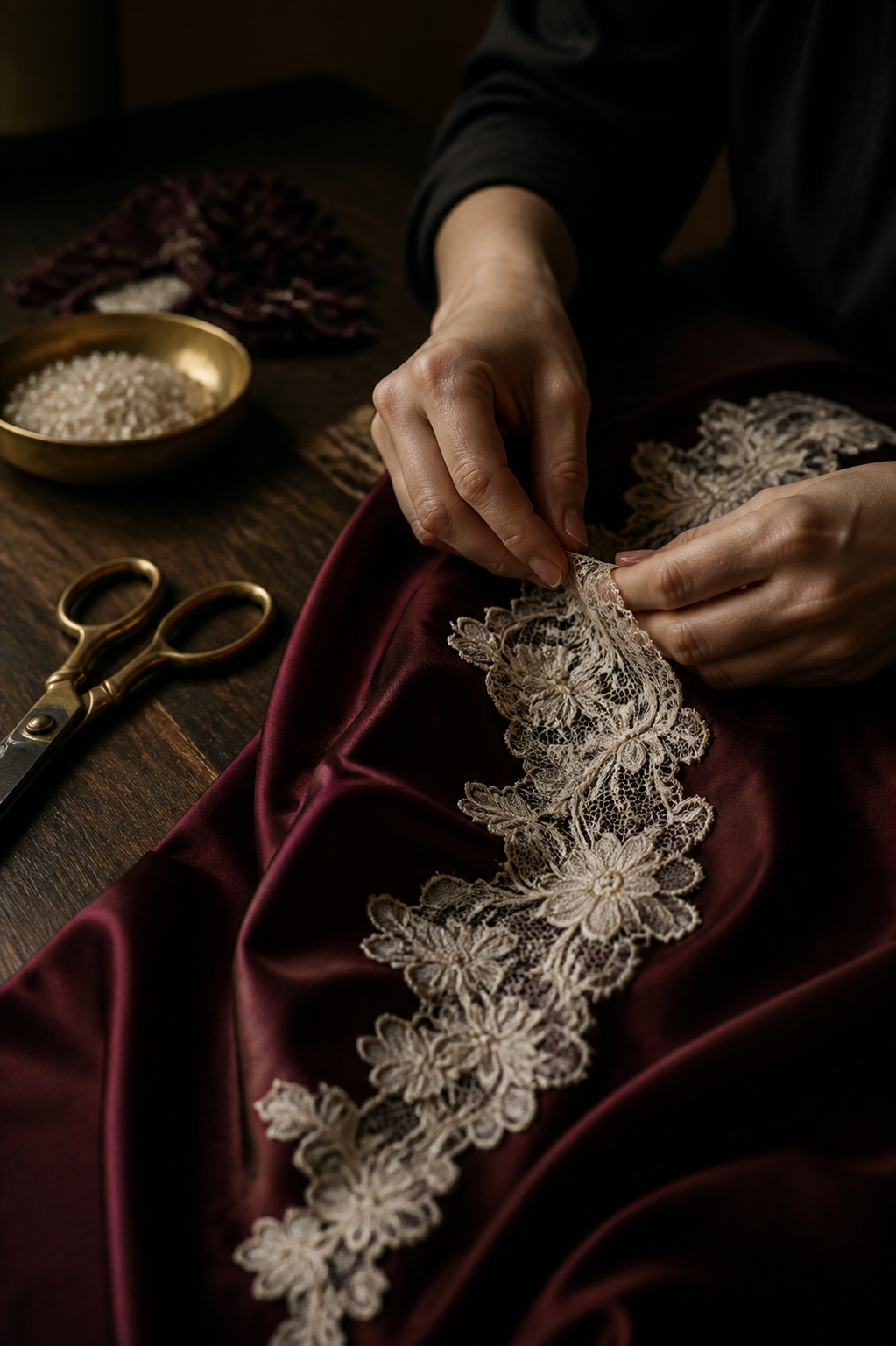 HERA atelier'de bordo ipek üzerine elde dantel işçiliği